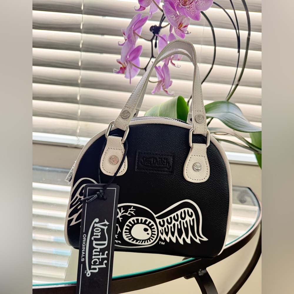 Von Dutch Black and White Bowling Bag with Crossbody Strap